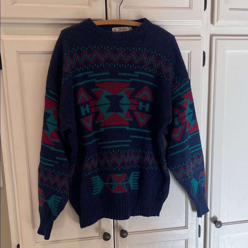 Moffat Woollens Navy Geometric Crewneck Sweater with Teal & Burgundy Accents